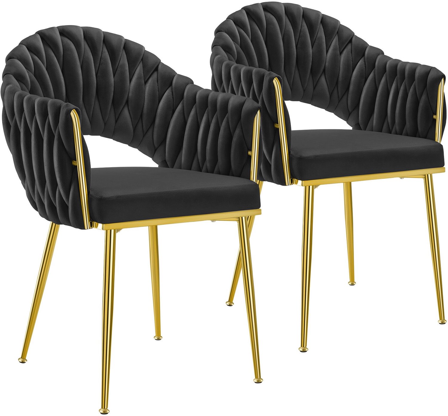 Tectake Eetkamerstoel Caslano - Set van 2 - Eetkamerstoelen met Fluwelen Bekleding - Doorlopende Rugleuning en Armleuning met Vlechtwerk - Slanke Stalen Poten - Draagkracht 150 kg per Stoel - Zwart/Goud