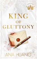 Boekomslag van King of Gluttony met gouden letters, een brandende envelop met lakzegel en een vulpen op witte achtergrond.