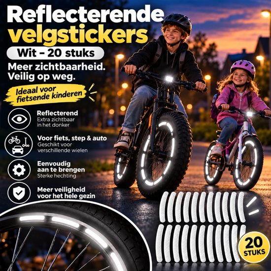 Witte reflecterende velgstickers, 20 stuks, voor fietsen en steps, zichtbaar in het donker voor extra veiligheid.