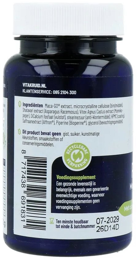 Achterkant blauwe pot Vitakruid Femme met ingrediëntenlijst, streepjescode en recycle-icoon.