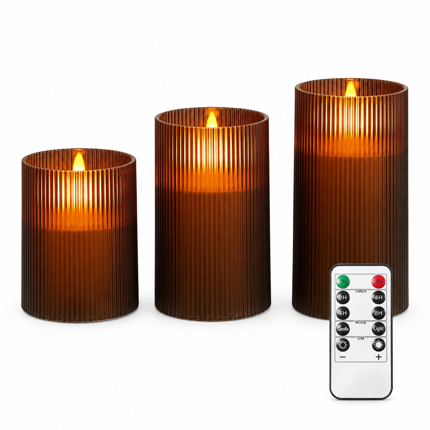 SWGOTA led kaarsen, 3 stuks met afstandsbediening, grijs geribbeld, diameter 8 cm, hoogtes 10/12,5/15 cm, voor verjaardag en bruiloft