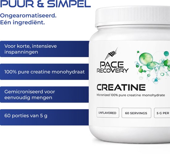 Pace Recovery creatinepot met tekst: 'Puur & Simpel, ongearomatiseerd, 60 porties van 5g, voor intensieve inspanningen'.