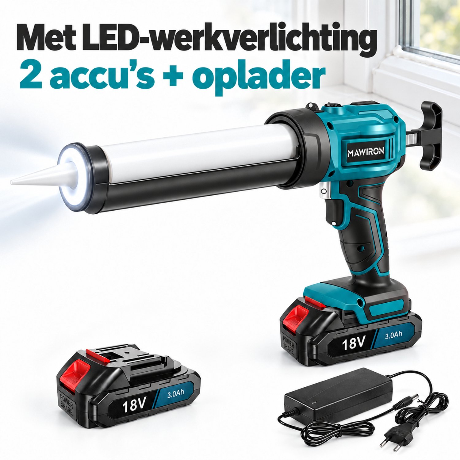 MAWIRON Accu Kitpistool 18V – Voor Badkamer, Keuken en Kozijnen – 4 Snelheden en LED – 2 Accu’s + Oplader