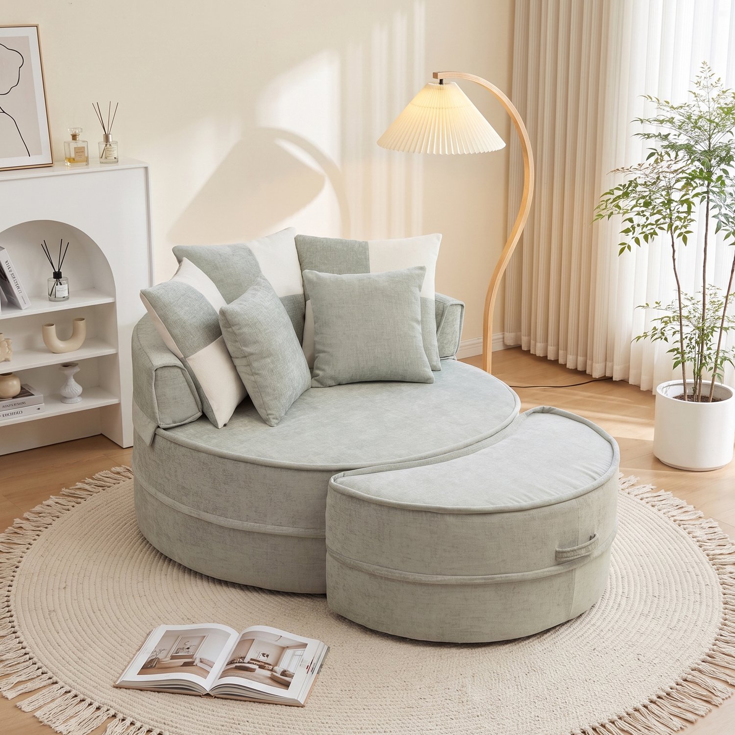 CHICFURN Fauteuil - Met hocker en 5 kussens - Rond - Mintgroen