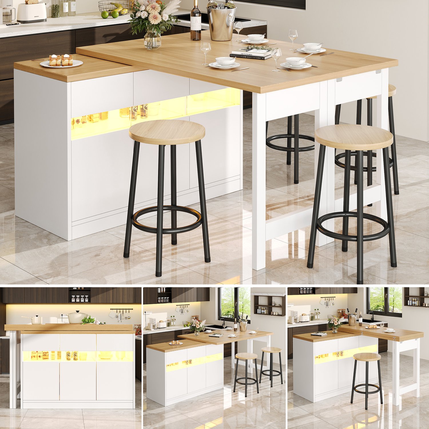 Clruro Bartafel - 120-180 cm - Uitschuifbaar en 360° Draaibaar - LED en Opbergruimte - MDF - Wit