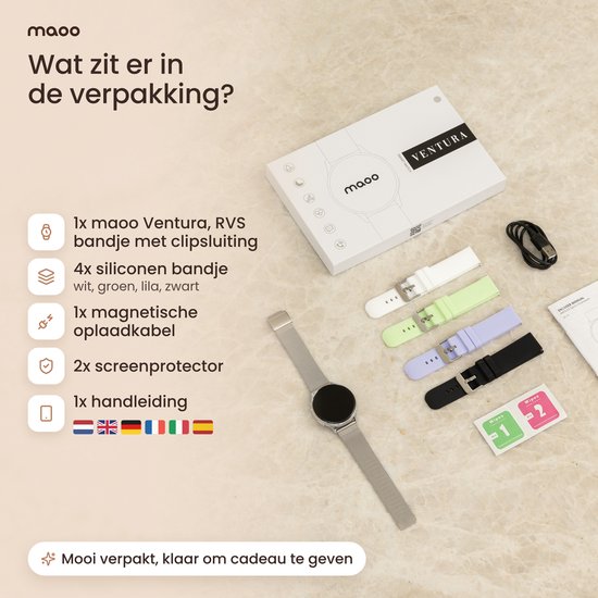 Inhoud van de verpakking: horloge met RVS band, vier siliconen bandjes, oplader, screenprotectors en handleiding.