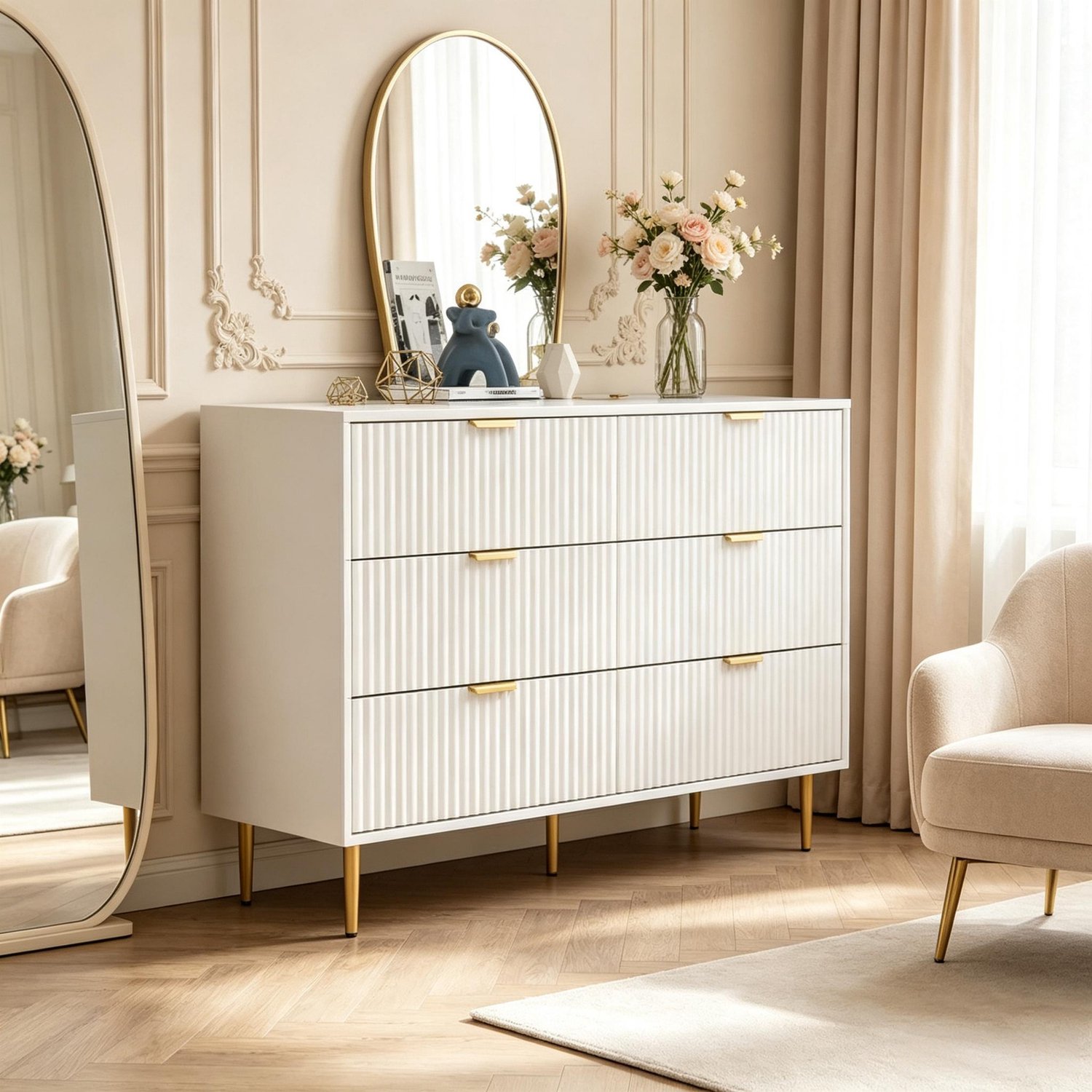 Clruro Ladekast - 120×40×76,5 cm - Gouden Grepen - 6 Laden - MDF/Metaal - Wit/Goud