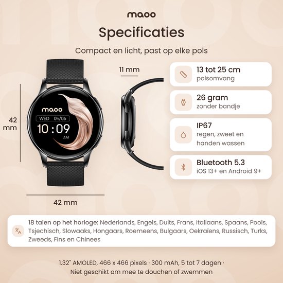 Technische specificaties van het 42mm horloge, inclusief afmetingen, IP67 waterbestendigheid en taalondersteuning.