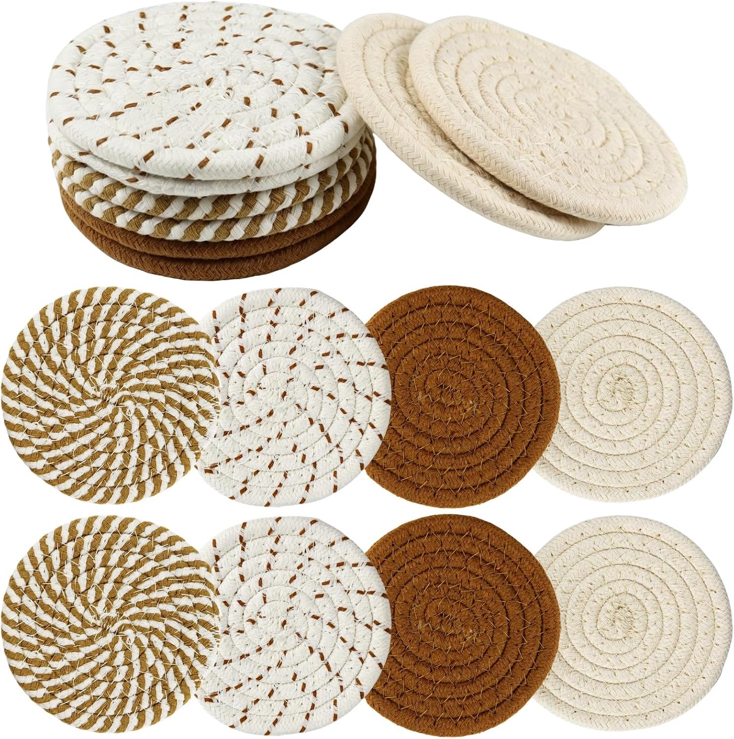 Set van 16 Ronde Onderzetters met Standaard - Thermische isolatie - Antislip Gevlochten Katoenen Onderzetters voor Glazen - Onderzettersset - Voor dranken, bar, kopjes, tafelonderzetters - D11 cm - Geel -TENGYIF®