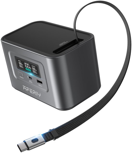 Grijze Aferiy powerstation met geïntegreerde 70cm USB-C kabel, digitaal display en USB-A poort.