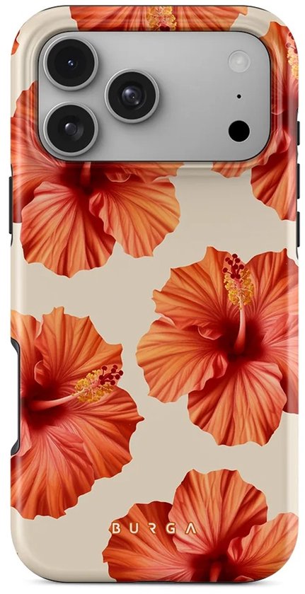 Telefoonhoesje met oranje hibiscusbloemenpatroon op een crème achtergrond en Burga-logo.