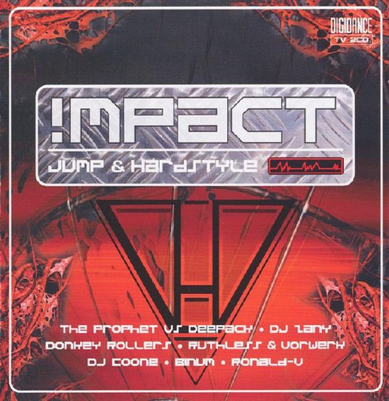 Impact Jump & Hardstyle albumhoes met rood-zwart grafisch patroon en dj-namen.