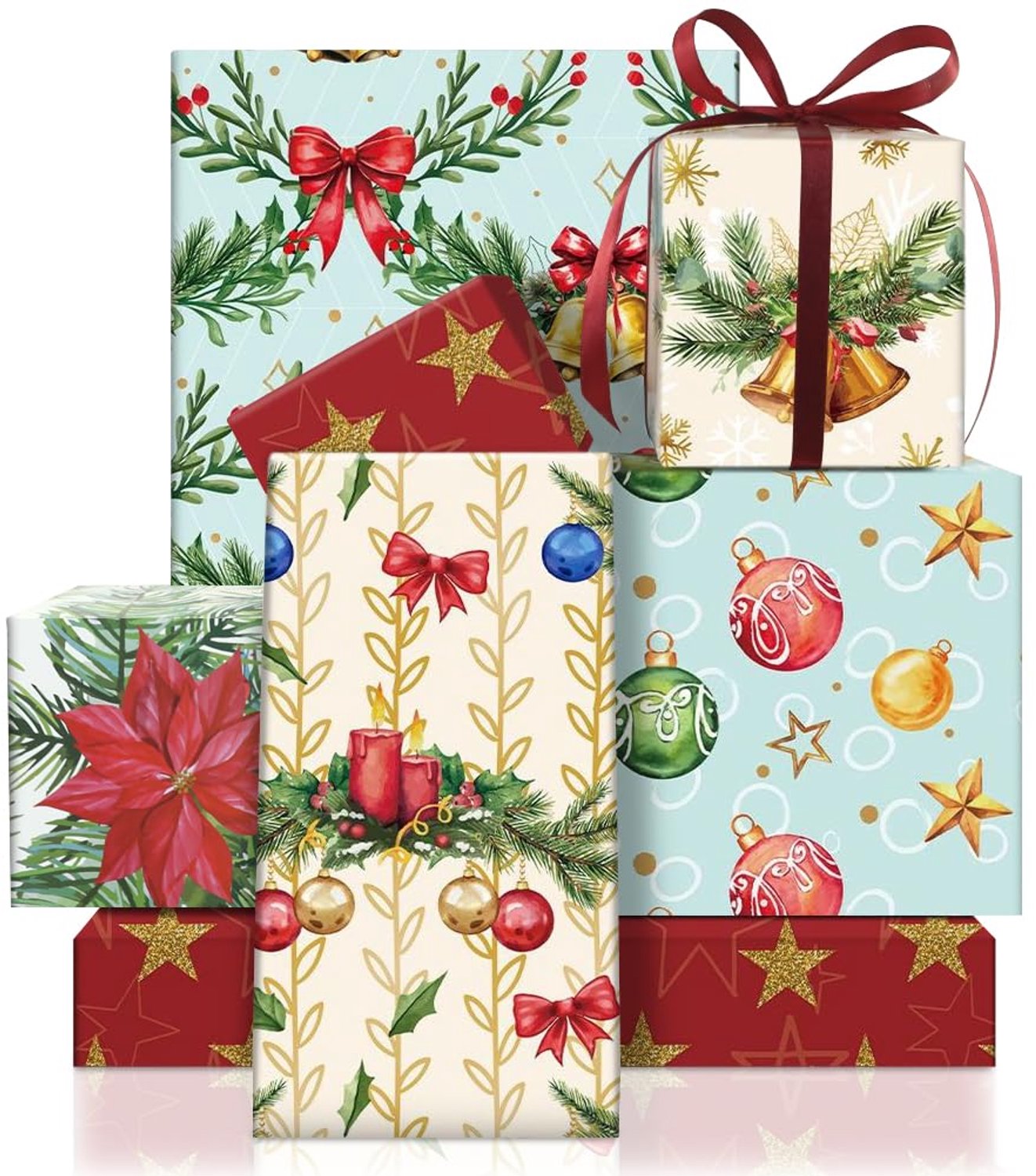 Vintage Kerst Inpakpapier Set van 6 Vellen met Ribbons