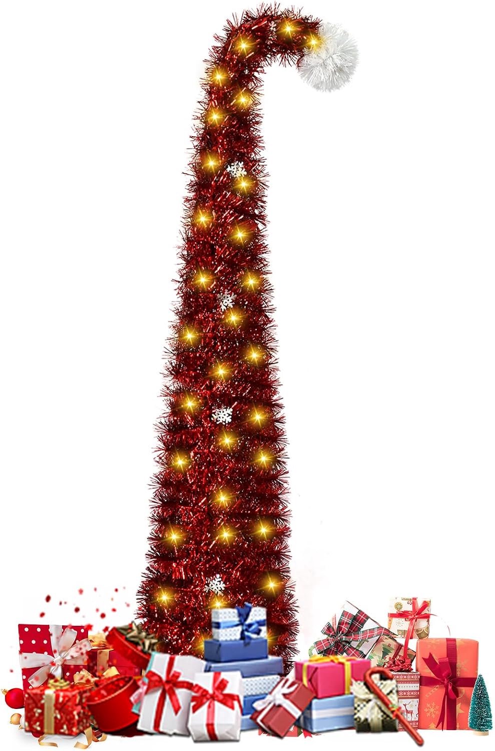 MSBHandel Opvouwbare Kunstkerstboom 150 cm met Verlichting - Pop-up Smalle Kerstboom met 50 LED's en Sterpunt PVC Lametta Potloodkerstboom Kerstdecoratie voor Thuis en Kantoor Rood