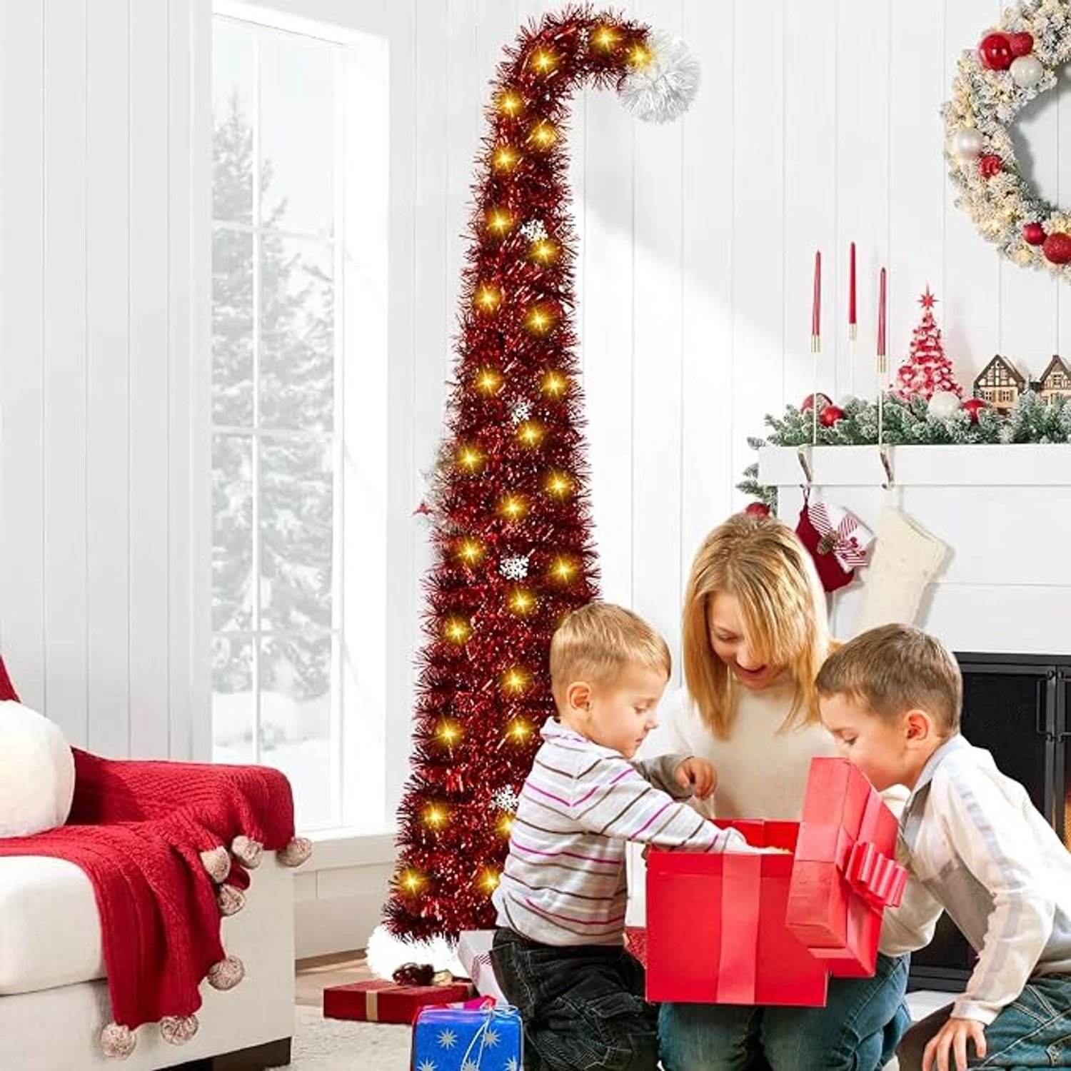MSBHandel Opvouwbare Kunstkerstboom 150 cm met Verlichting - Pop-up Smalle Kerstboom met 50 LED's en Sterpunt PVC Lametta Potloodkerstboom Kerstdecoratie voor Thuis en Kantoor Rood – foto 3