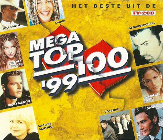 Mega Top 100 '99 verzamelalbum met foto's van artiesten zoals Anouk, Will Smith en Britney Spears op een gele achtergrond.