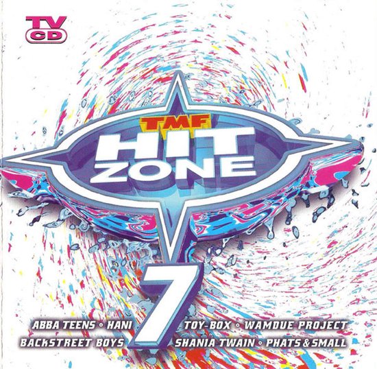 TMF Hit Zone 7 CD-hoes met felgekleurde verfspatten en artiesten als Backstreet Boys en Shania Twain.