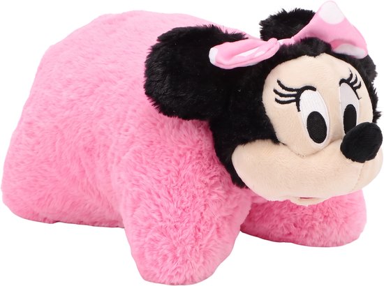 Roze pluche Minnie Mouse kussenknuffel met zwarte oren en een roze strik met witte stippen.