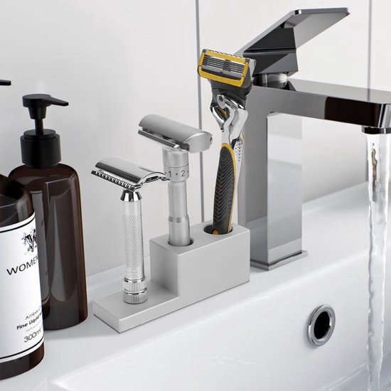 Scheermesstandaard van aluminiumlegering met afwateringsbasis, compatibel met, -veiligheidsscheermesjes, verzameldisplaystandaard en badkamerorganizer, cadeau voor mannen — afbeelding 3