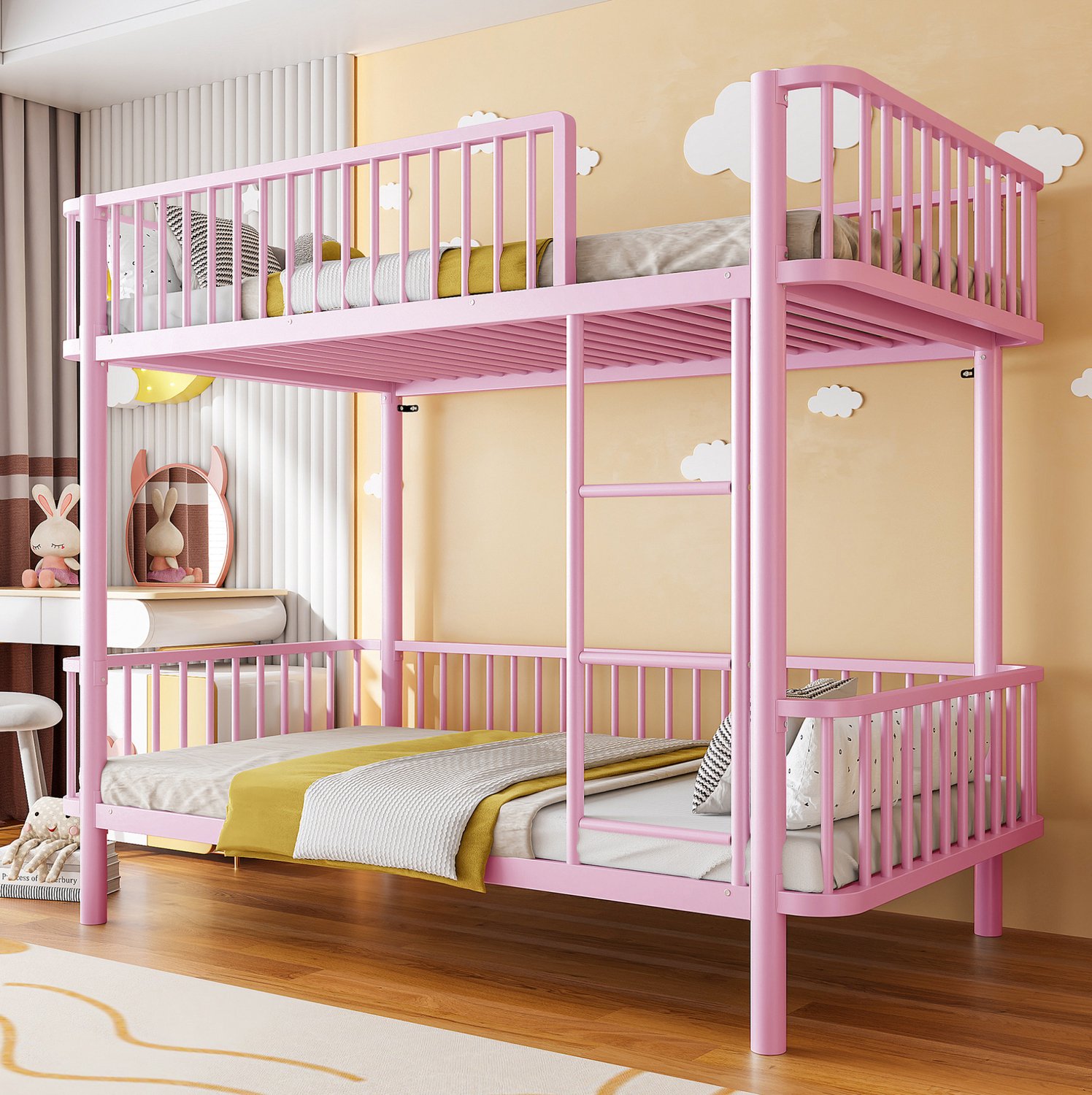 WUVRIE Metalen stapelbed 90x200 cm - Afgeronde hoeken en veiligheidshekken Roze