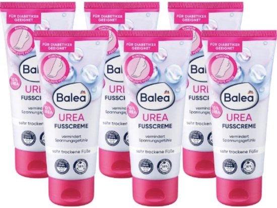 Zes tubes Balea Urea voetcrème voor zeer droge voeten, geschikt voor diabetici met 10% ureum.