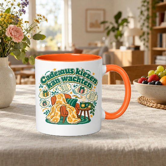 Retro jaren 70 Mok 'Cadeaus kiezen kan wachten' – Vintage theemok met dikke ronde letters voor ontspanning en cadeauzoekers — cadeau in Cadeau-ideeën - foto 2