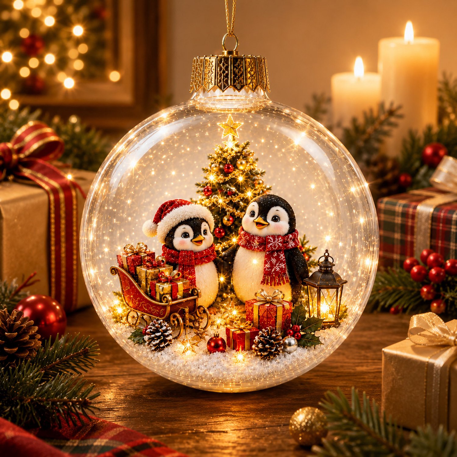 Verlichte transparante kerstbal ornament met pinguïn thema- 2D winter kerstprint- lichtgewicht PET kunststof- diameter 10 cm- met ophangring- feestdecoratie voor kerstboom- tafel en raam – foto 3