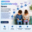 Twee kinderen gebruiken roze en blauwe kindertablets. Infographic toont leerfasen van niveau 1 tot 4.