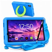 Tablette enfant bleue de 8 pouces avec étui de protection, support annulaire vert à 360°, sangle et stylet.