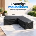 Zwarte L-vormige tuinmeubelhoes van 300x300x70cm met gedetailleerde afmetingen op een terras.