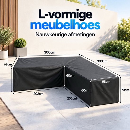 Zwarte L-vormige tuinmeubelhoes van 300x300x70cm met gedetailleerde afmetingen op een terras.