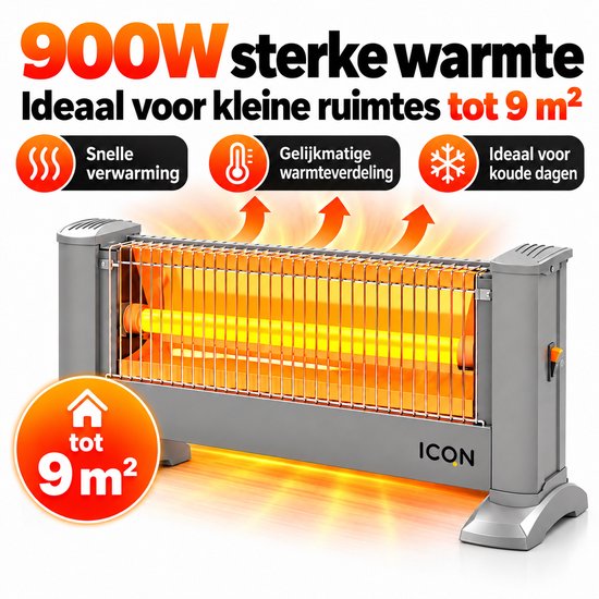 Grijze ICQN infraroodkachel van 900W voor snelle, gelijkmatige verwarming in kleine ruimtes tot 9 m2.