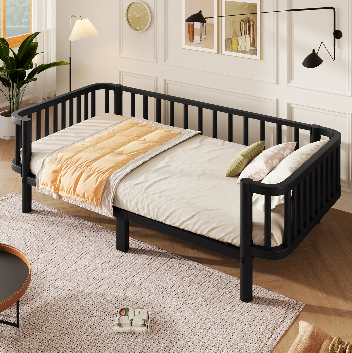 WUVRIE Metalen bedbank 90x200 cm - Stalen lattenbodem en zijpanelen - Zwart