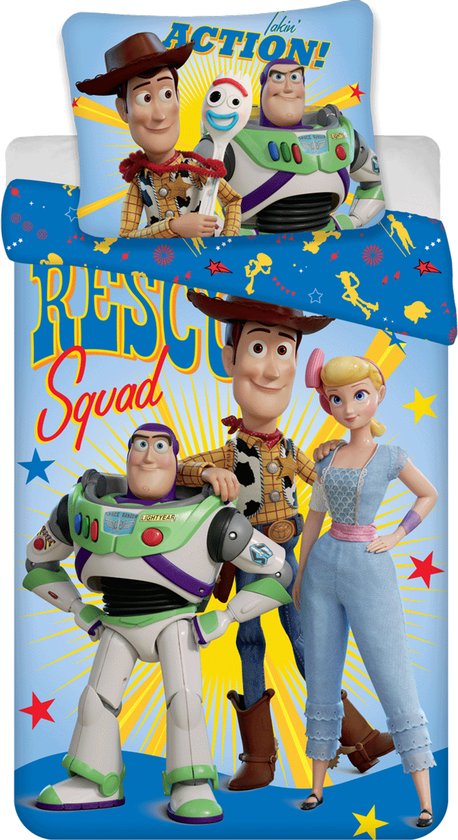 Toy Story dekbedovertrek met Woody, Buzz Lightyear, Bo Peep en Forky met de tekst 'Rescue Squad' op een blauwe achtergrond.
