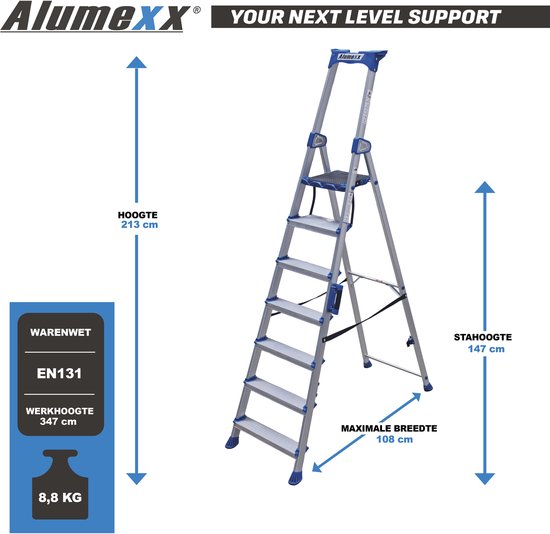 Alumexx huishoudtrap met 7 treden, 213 cm hoog, 147 cm stahoogte en werkhoogte van 347 cm.