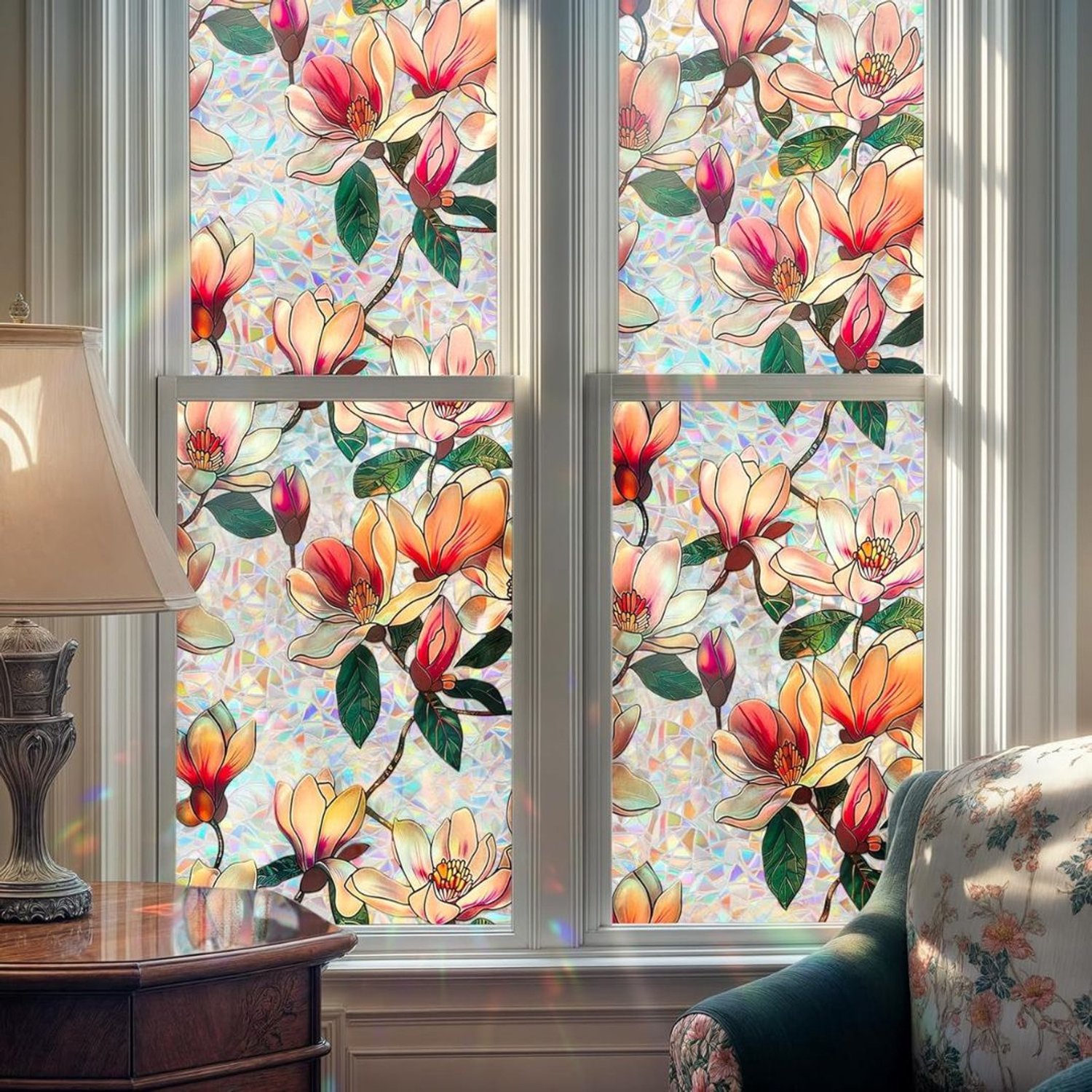Raamfolie Glas in Lood - Zelfklevend - Antieke Look - meerkleurig met bloemmotief