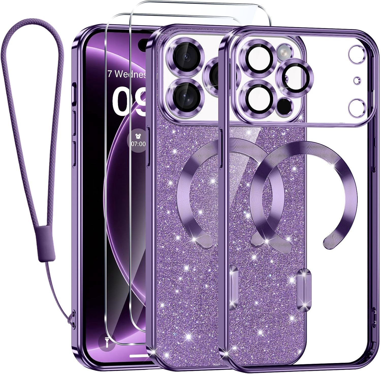 Zandarix Hoesje Geschikt voor Apple iPhone 18 Pro - Back Cover Hoesje - Geschikt voor Mag - Glanzend Glitter - 2x Screenprotector - Paars