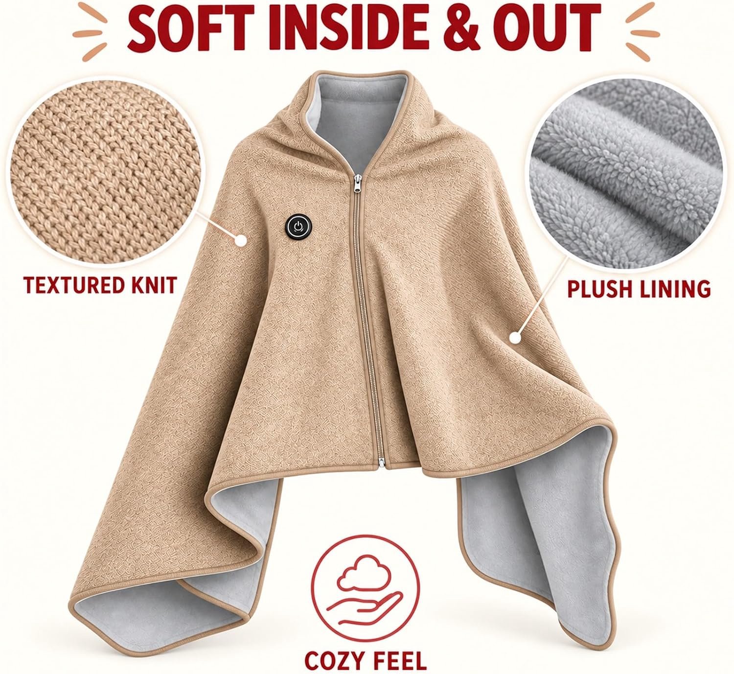 Namajunas - Verwarmde omslagdoeken - Fleece omslagdoek - 150 x 80 cm - omslagdoeken met 3 Standen - Elektrische Deken - Warmtedeken - Warmte Poncho - Voor Dames en Heren - Machinewasbaar - Verwarmende Fleecedeken - Hitte Deken - Beige – foto 3