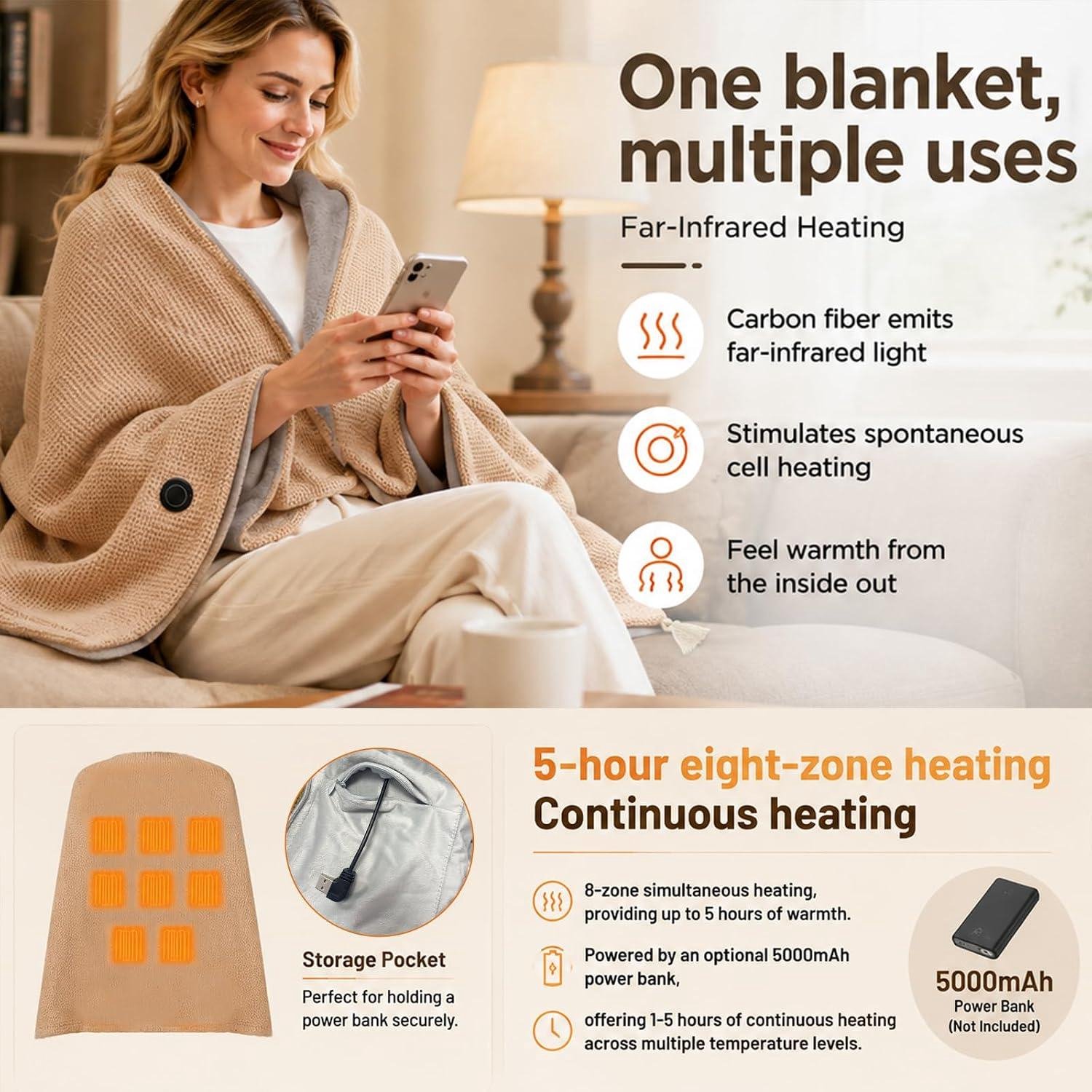 Namajunas - Verwarmde omslagdoeken - Fleece omslagdoek - 150 x 80 cm - omslagdoeken met 3 Standen - Elektrische Deken - Warmtedeken - Warmte Poncho - Voor Dames en Heren - Machinewasbaar - Verwarmende Fleecedeken - Hitte Deken - Beige – foto 8