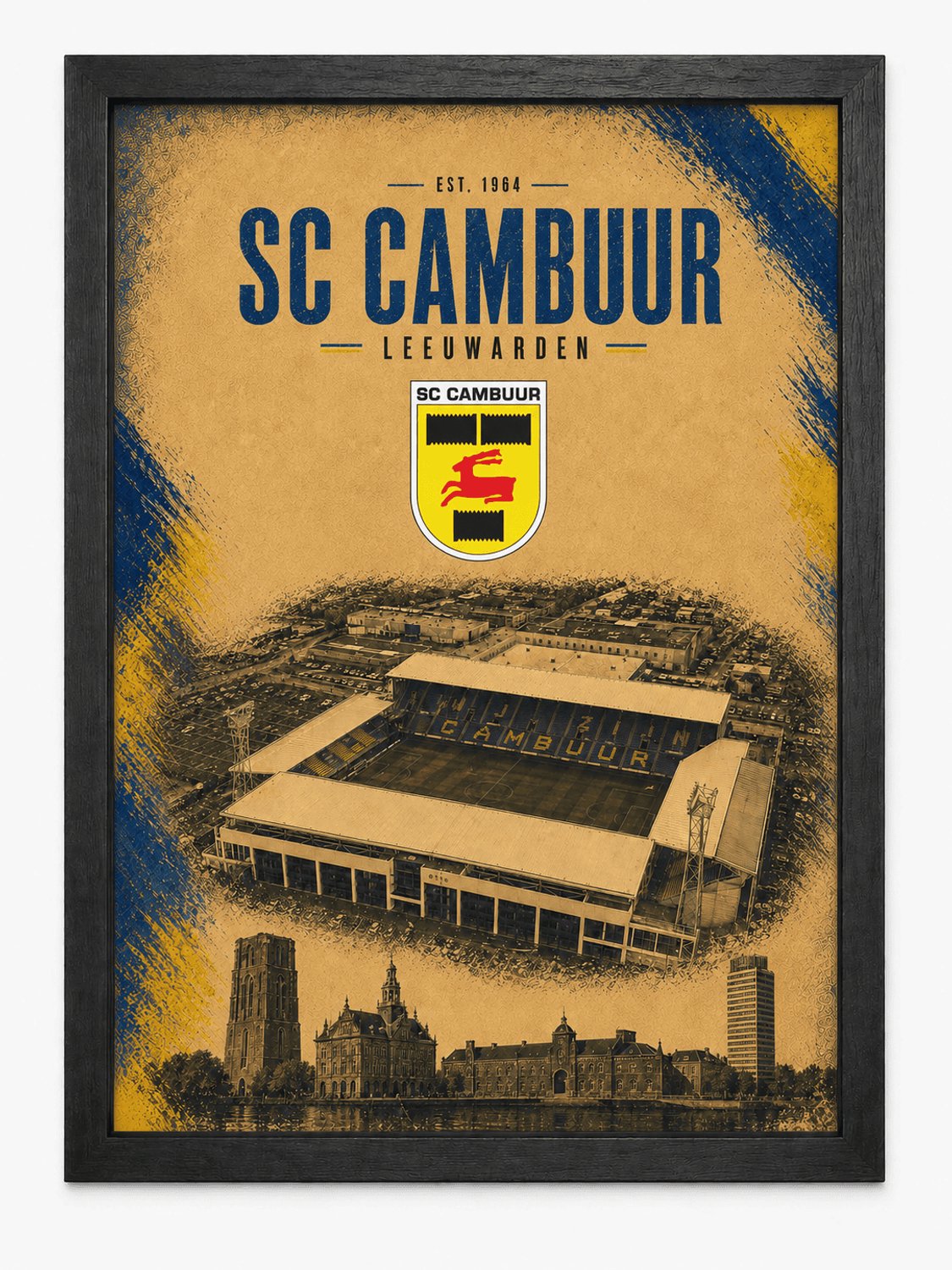 Joshimo SC Cambuur Poster | Leeuwarden Stadion & Skyline | Inclusief Zwarte A3 Lijst | Voetbalposter