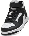 Schuin vooraanzicht van zwart-witte PUMA sneaker met klittenbandsluiting en PUMA-merknaam.