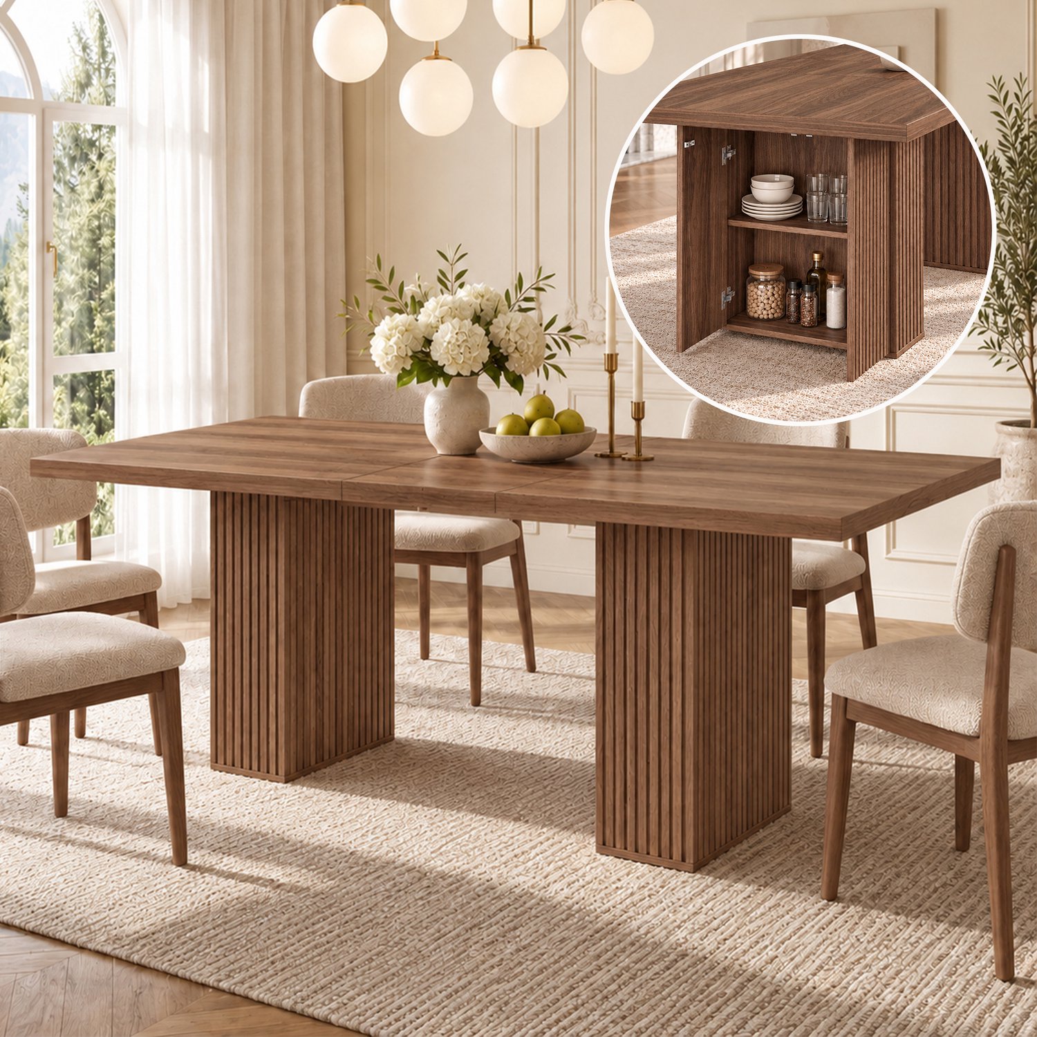 FloraGrace Uitschuifbare Eettafel - Opbergruimte Voor 6 Tot 8 Personen - Scandinavisch Interieur - MDF - 190 x 90 x 75 cm - Walnoot