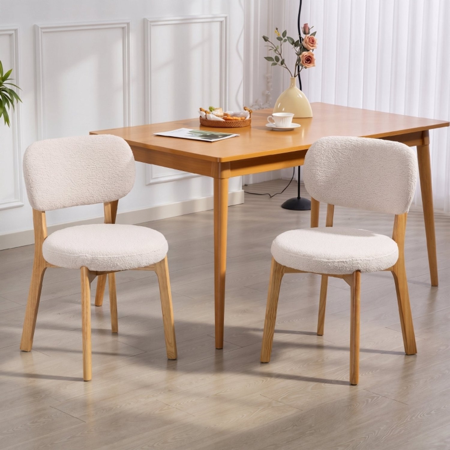 MODFU Eetkamerstoelen Set Van 2 - Bouclé Stof - Mid-Century - Crème - 80 Cm