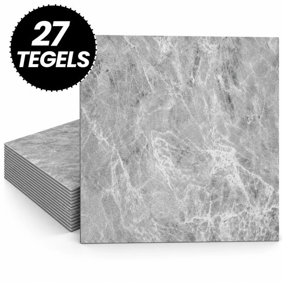 Stapel grijze marmerlook tegels met een label: 27 TEGELS.