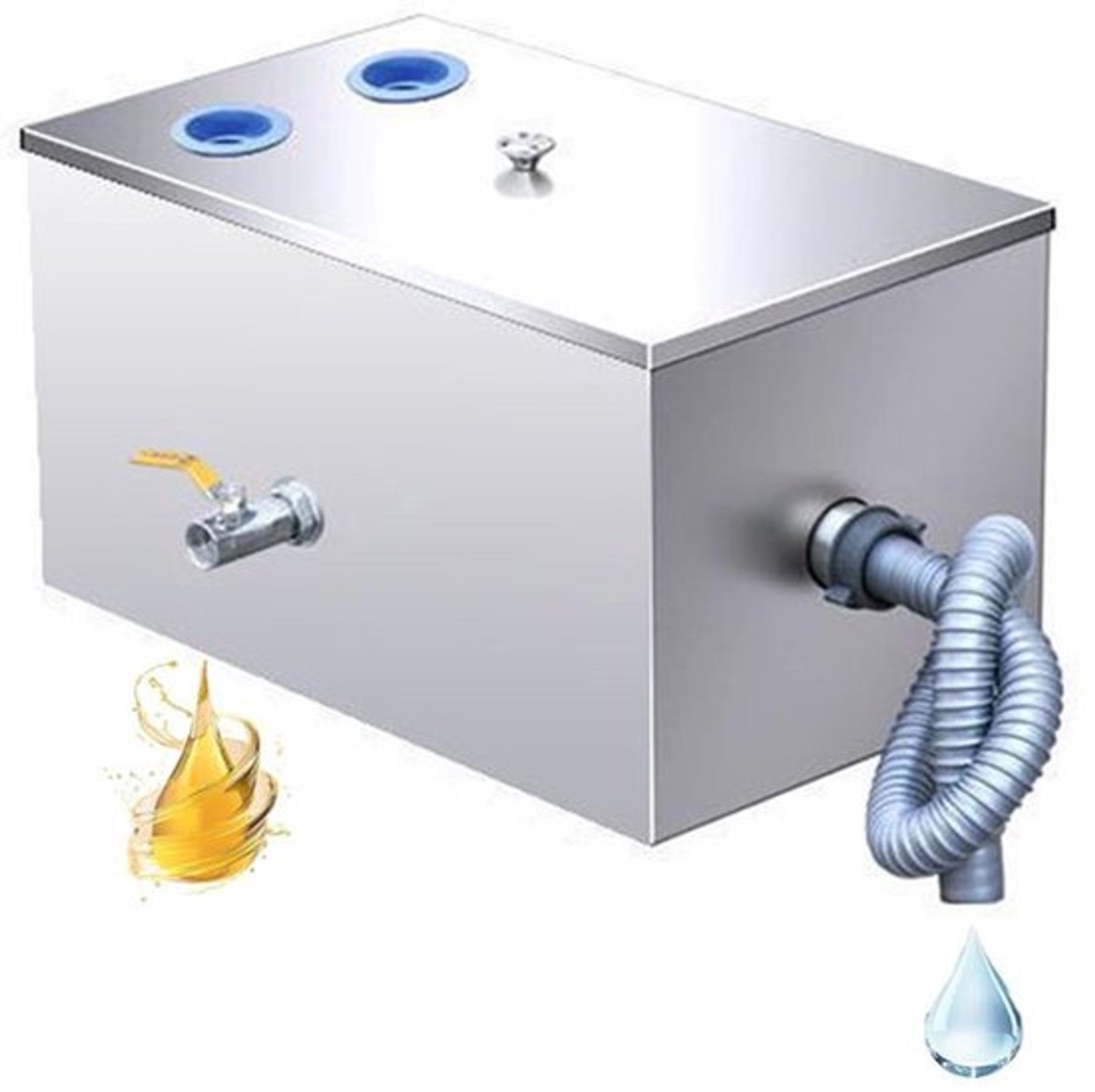 Commerciële vetscheider, 25 l roestvrijstalen vetvanger met 2 bovenste ingangen vetfilter voor keuken restaurant 40 x 25 x 25 cm