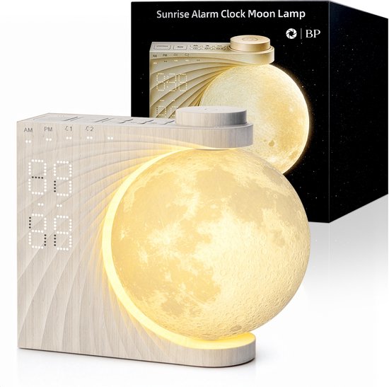 Lichtwekker met maanlamp-ontwerp in houtlook en verlichte digitale tijdweergave met tekst Sunrise Alarm Clock Moon Lamp.