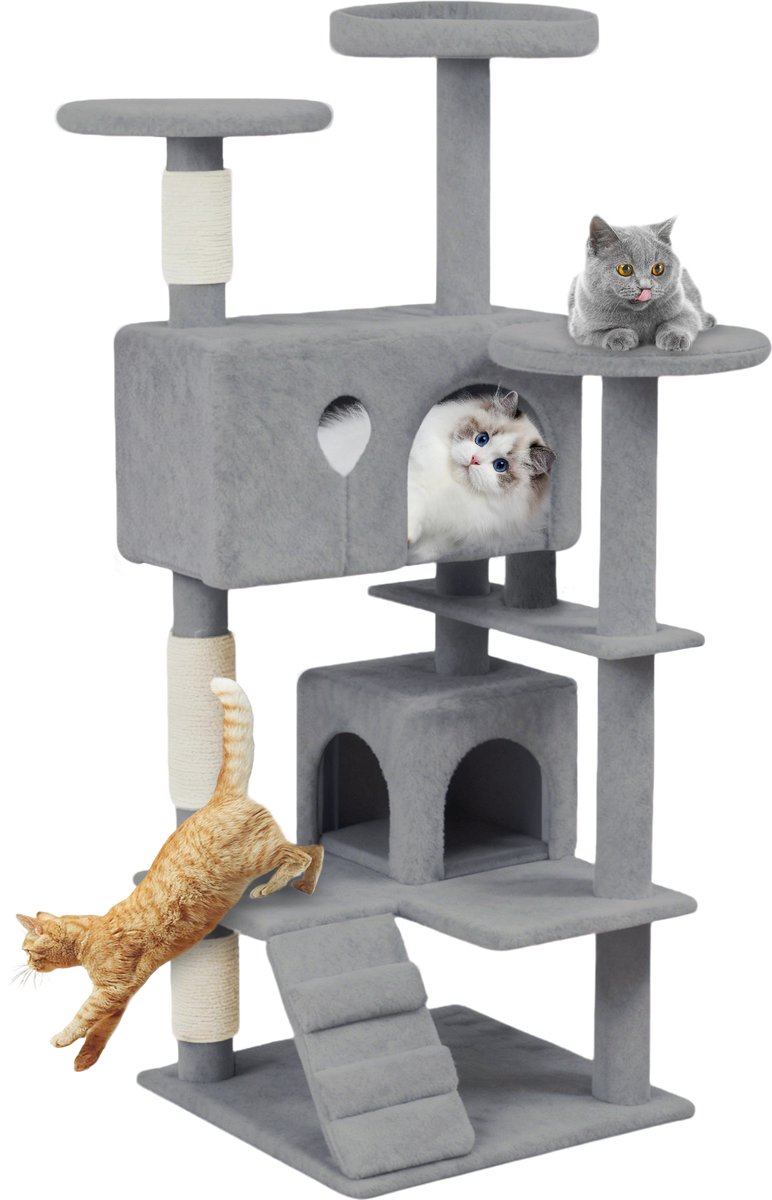 Aufun Kattenboom Krabpaal Kattenkrabpaal voor Katten, Klimboom met hangmat en speelopties kattenstal Speelhuis Krabpalen, 49x49x130cm, Lichtgrijs
