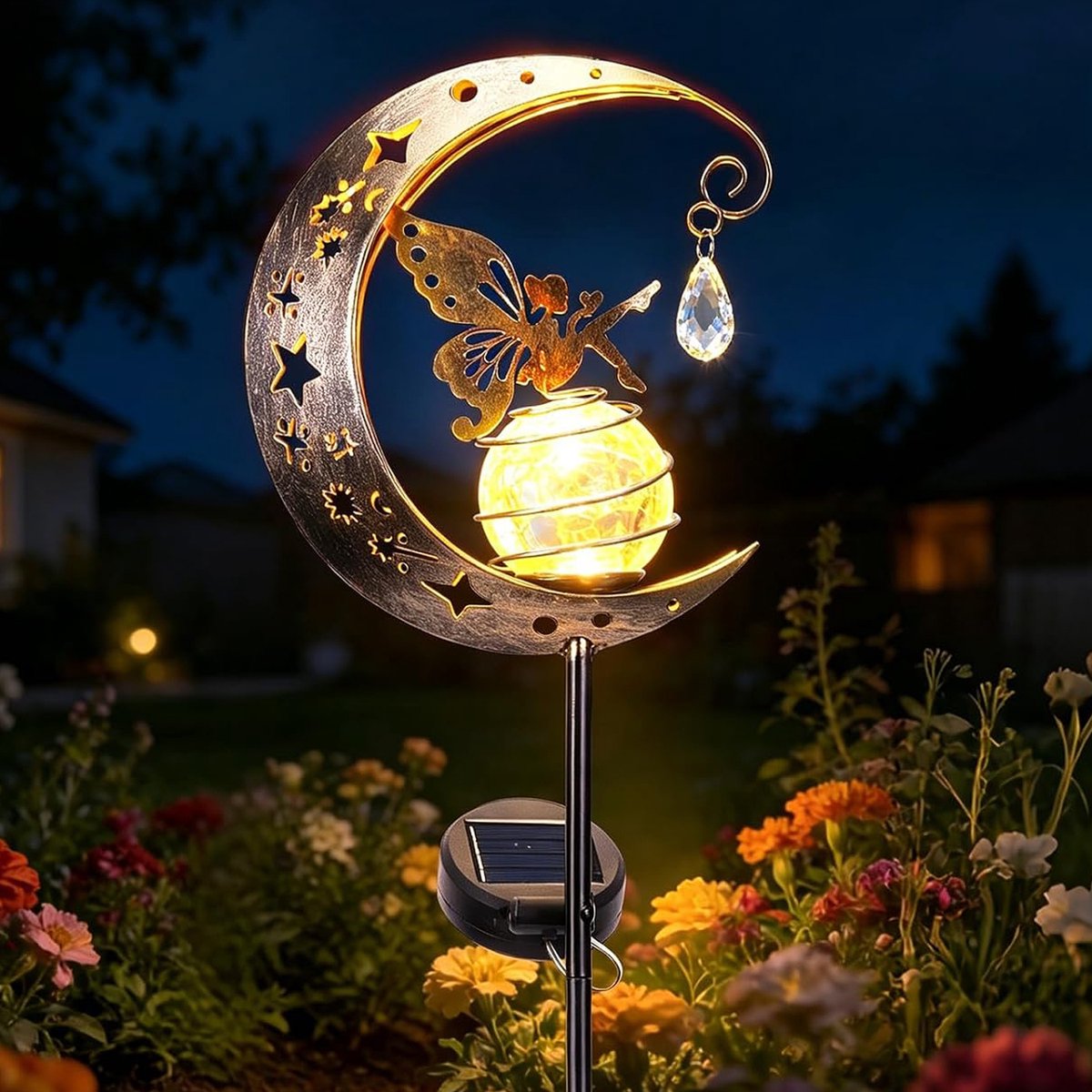 Zonnelampen - Maanfee-Licht - Waterdichte Metalen Decoratieverlichting - Solarlamp Met Craqueléglas - Voor Pad Gazon Terras Tuin