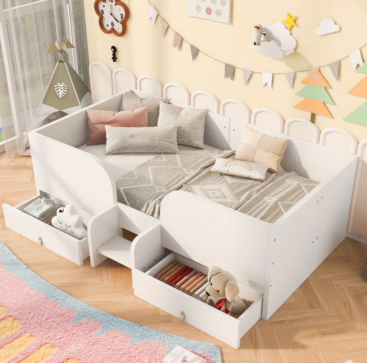 STILVORA Kinderbed 90x200 cm – Eenpersoonsbed Met Valbeveiliging & Kleine Trap – 2 Grote Lades – MDF – Zonder Matras – Wit