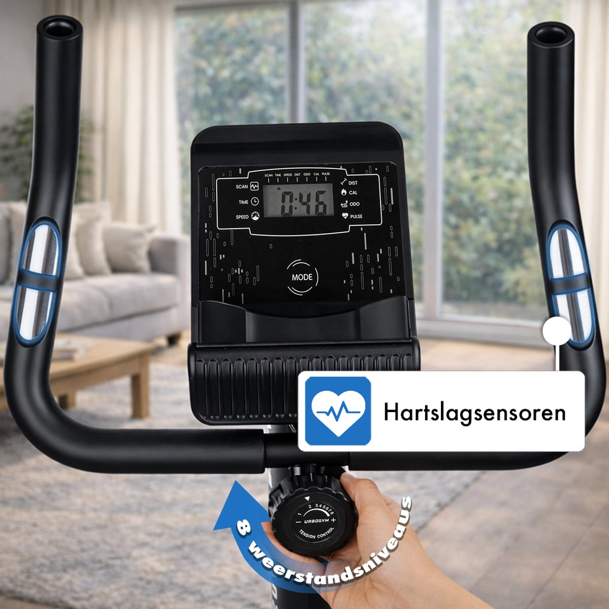 URBOGYM BAY BLUE Hometrainer - Magnetische Fitnessfiets - 8 Weerstandsniveaus - Vliegwiel 3 kg - Max. 110 kg - Blauw thumbnail 2
